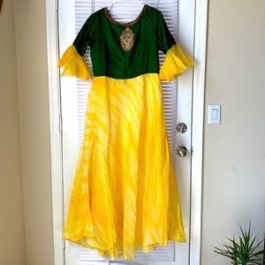 Long dress - yellow long dress with beads work.